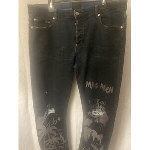 MacKeen Mens Button-Fly Skinny Distressed‎ Graphic Legs Street Cross MK200 Jeans